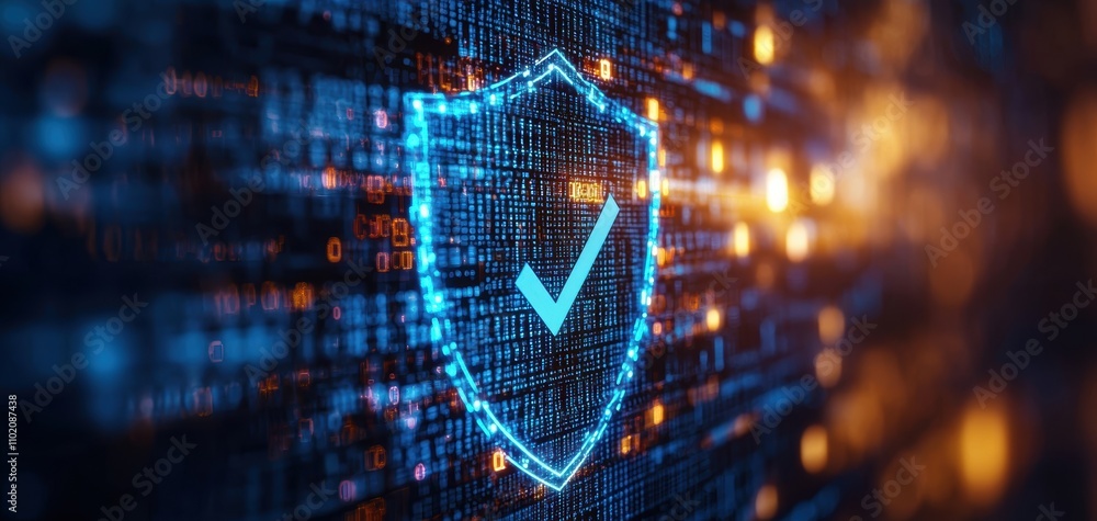 Fototapete technology cybersecurity trends concept. a digital shield symbol with a checkmark, representing cybe