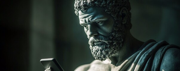 sculpture of an ancient Greek or god holding a smartphone in dark.  Roman statue of  hero browsing social media.classical statue uses modern smartphone. concepts involving technology, history,time