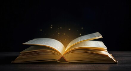 Magical book glowing with sparkles on dark wooden background