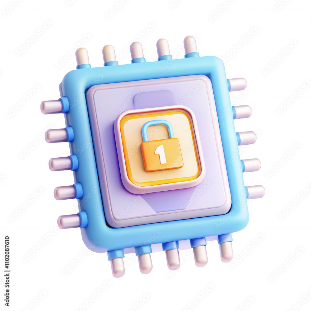 Poster a vibrant 3d illustration of a secure microchip with a lock icon, showcasing technology and innovati