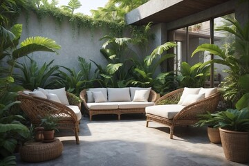 Fototapeta premium Cozy Patio with Wicker Furniture and Potted Plants, Adorned with White Cushions