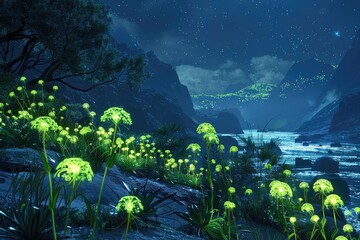 Fototapeta premium A Field of Bioluminescent Flowers Under a Starry Sky, dream world