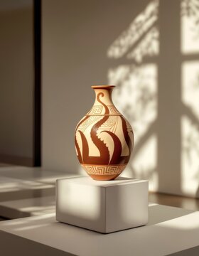 Elegant terracotta vase with geometric african patterns in sunlit gallery