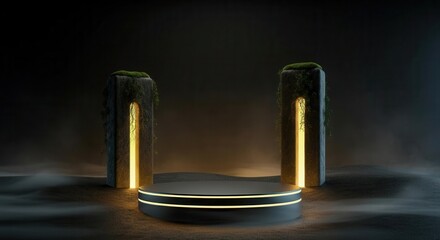 Mystical podium with glowing runes fog
