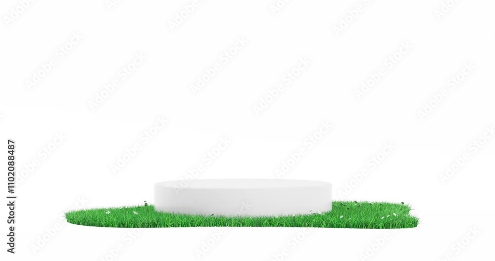 Poster 4k Resolution Video: White Promotion Product Display Podium with Green Grass Patch Seamless Loop Rotating on a White Background
