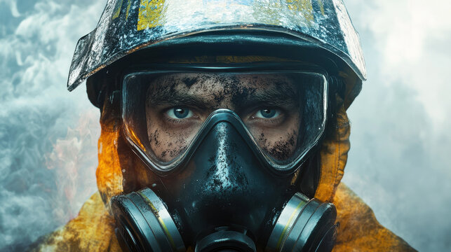 Portrait of firefighter in full gear with soot marks, showing determination and bravery