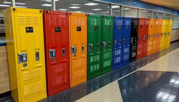 Vibrant high school lockers in a serene hallway  a colorful display of classic design