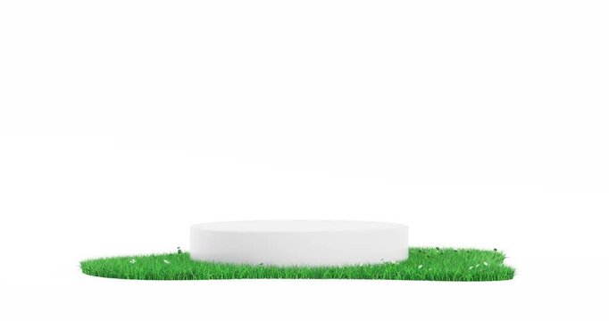 4k Resolution Video: White Promotion Product Display Podium with Green Grass Patch Seamless Loop Rotating on a White Background