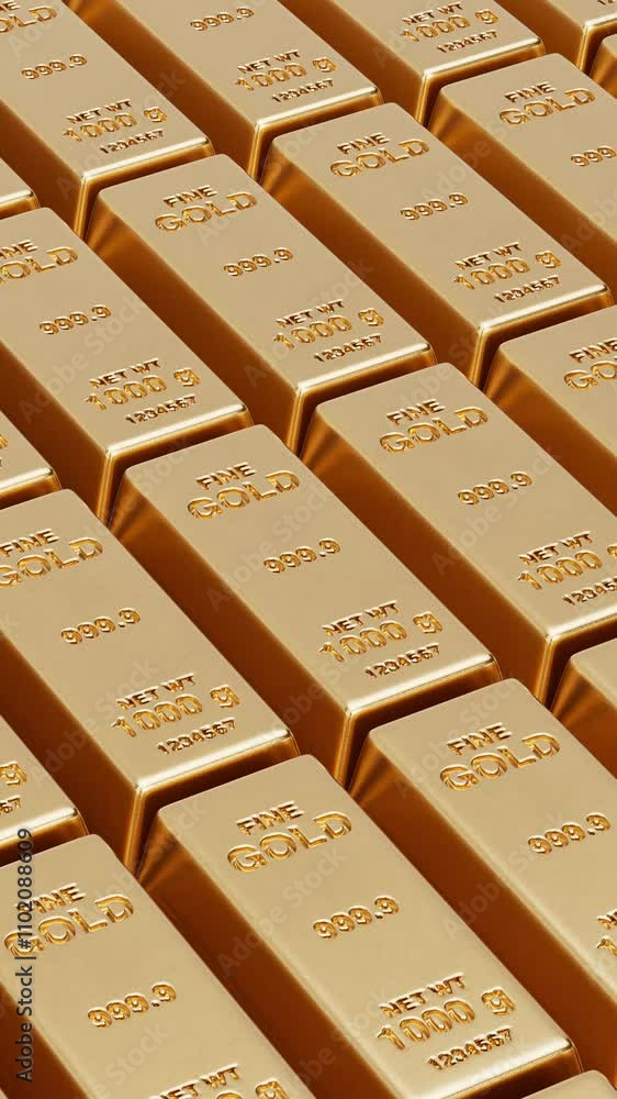 Poster 4k resolution vertical video for social media: stacked in row of golden bars seamless loop extreme c