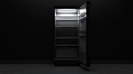 An Empty Refrigerator Stands Open In A Dark Room