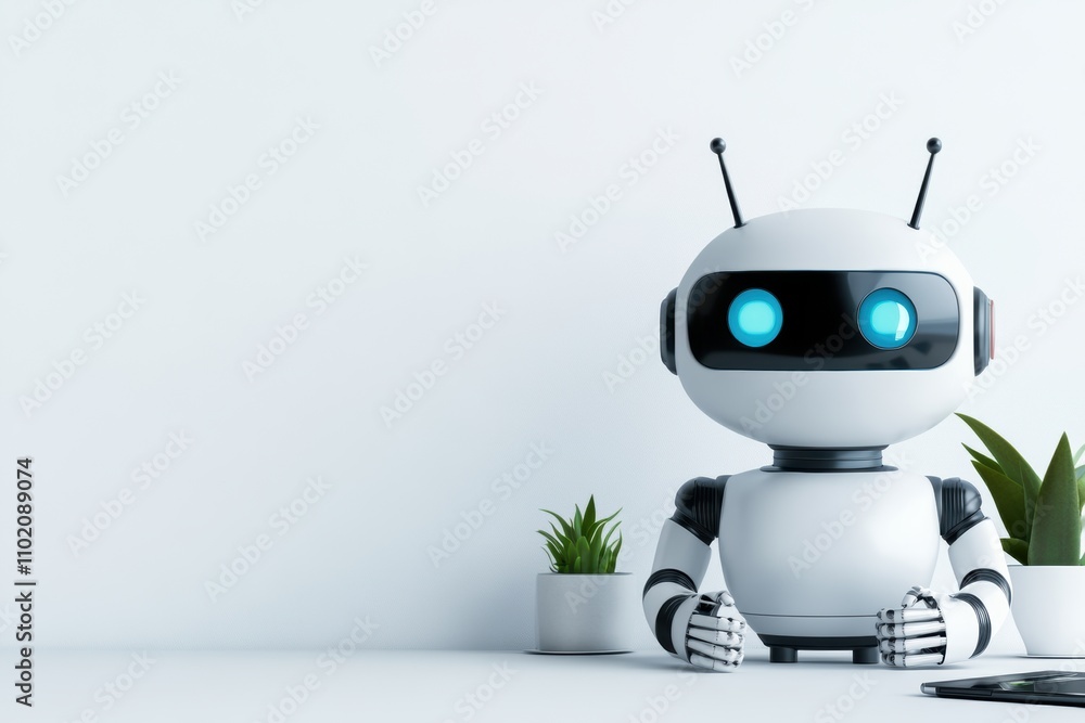 Poster technology workspace, a chatbot on a sleek desk with high-tech tools and a minimalist backdrop, perf