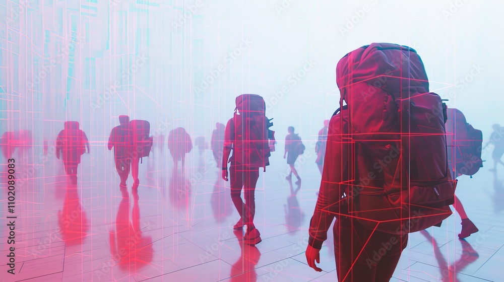 Poster silhouettes of backpackers walking through a misty landscape enhanced by red digital grid overlays. 