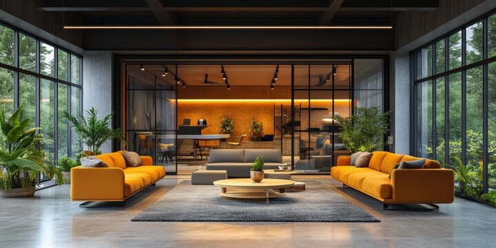 A modern and spacious living room with vibrant orange sofas and lush green plants, enclosed by large glass windows offering a view of a serene garden