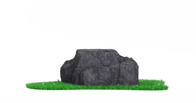 4k Resolution Video: Black Stone Promotion Product Display Podium with Green Grass Patch Seamless Loop Rotating on a White Background