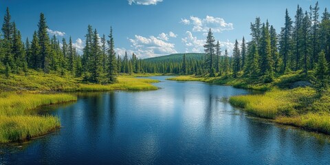 A serene landscape featuring a pristine river meandering through a lush, evergreen forest under a vibrant blue sky dotted with fluffy clouds