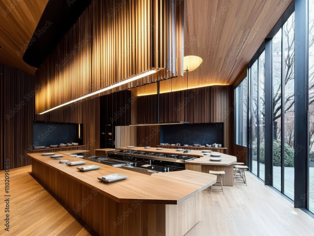 Poster exploring minimalist dining a contemporary culinary space with vertical wood patterns and noir eleme