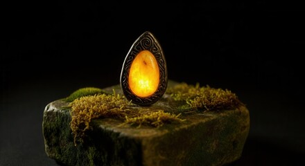 Mysterious glowing egg on mossy in the dark