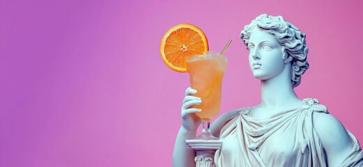 Marble classical statue holds a vibrant red orange cocktail against pink background. refreshment summer citrus drink. lifestyle, travel, rest, wellness, positive concept