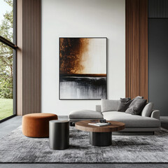 Designing a chic contemporary living room with cylindrical side tables and abstract wall art in a monochromatic palette for modern spaces
