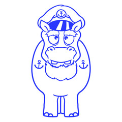 Funny Hippo Captain Stands Cute Cartoon Comic Design Lover Art Vector Illustration Card T-Shirt Poster Sticker Graphic Print Decorative Drawing Isolated Logo Decoration Symbol Creative Cool Style