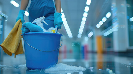 A hand holding a blue bucket filled with cleaning sprays, cloths, and gloves, walking through a blurred, modern interior space.