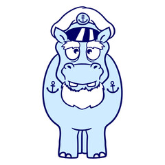 Funny Hippo Captain Stands Cute Cartoon Comic Design Lover Art Vector Illustration Card T-Shirt Poster Sticker Graphic Print Decorative Drawing Isolated Logo Decoration Symbol Creative Cool Style