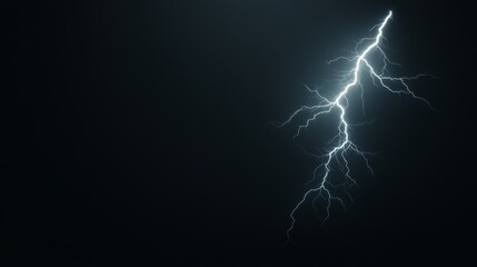 A single lightning bolt striking in the center of a jet-black background, creating soft white electricity with a cool icy shimmer that cuts through the darkness like a blade of light, Photorealistic