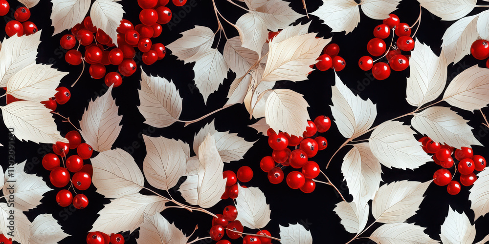 Aufkleber exploring elegant botanical patterns with red berries and cream leaves in a black environment for ho