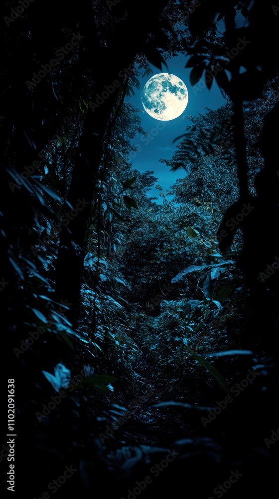 Poster a moonlit path through a dense forest, creating a serene and mystical atmosphere.
