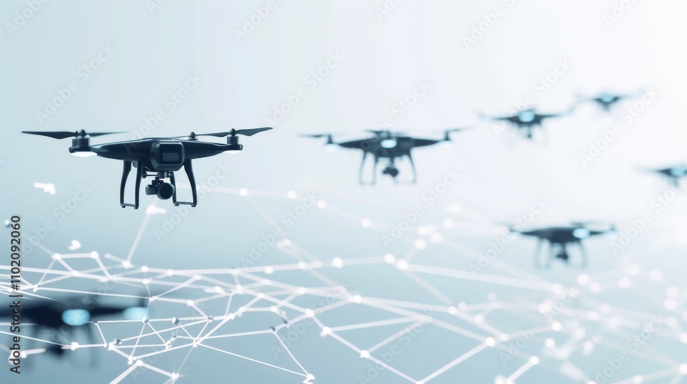 Poster a futuristic image of black drones flying over a blue digital network, creating a sleek and modern r