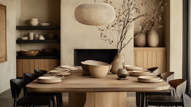 Neutral dining room with sculptural vases, wooden table, and earthy fall decor. Minimalist rustic interior for autumn gatherings and holiday entertaining. Warm and modern aesthetic. 