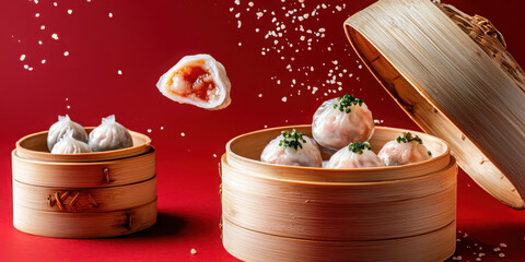 Floating dim sum delight amidst a vibrant crimson backdrop in a commercial setting for culinary enthusiasts