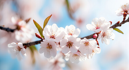 Naklejka premium Close-up of delicate white cherry blossoms on a branch against a bright blue sky, symbolizing renewal and spring beauty.