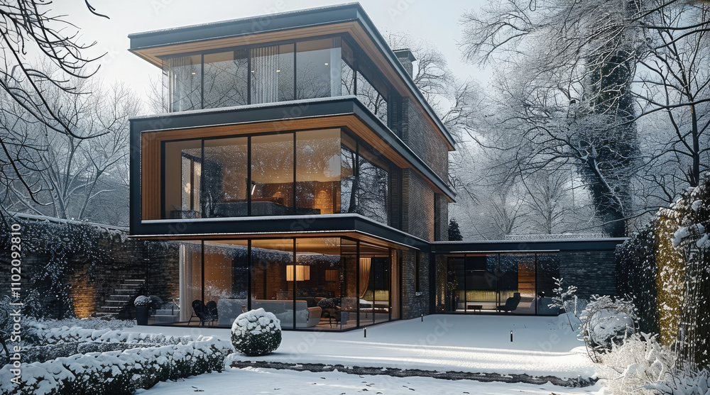 Poster a house extension under the snow, modern architecture on a snow day.