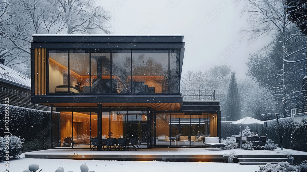 Poster a house extension under the snow, modern architecture on a snow day.