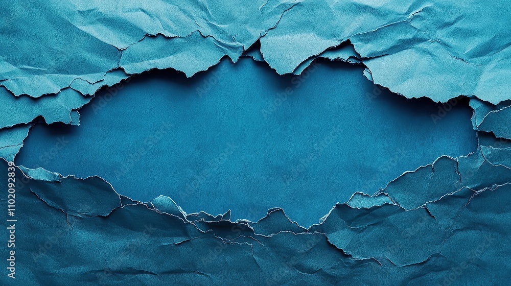 Poster torn blue paper creating a textured frame around a blank center.