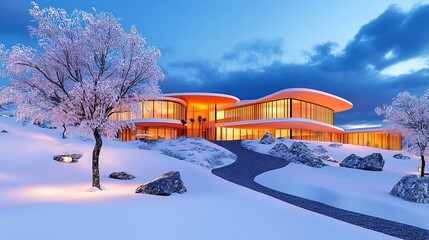 Modern architecture in a snowy landscape with glowing lights.