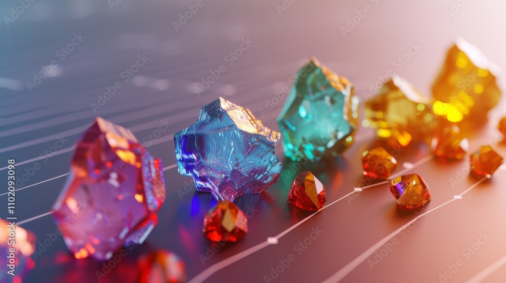 Poster a stunning 3d render of vibrant crystals positioned on a graph-like data chart background. the glowi
