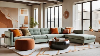 Fototapeta premium Minimalist, loft interior design of modern elegant living room with neutral green sectional sofa, burnt orange accents, abstract artwork, and cozy textiles.