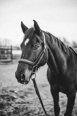Obraz premium Close-up of a black horse wearing a bridle, Black horse portrait in soft outdoor lighting, Ideal for equestrian or animal themes