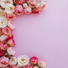 The image features a beautiful arrangement of roses in various shades of pink, white, and cream, forming a loose border along the edges of a soft pink background. The flowers are lush and full, showca
