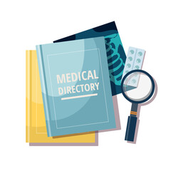 Medical education and research. Medical books, x-ray picture and magnifying glass