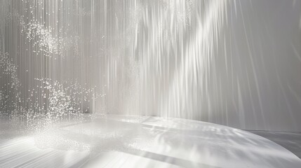 A serene display of white particles suspended in the air, illuminated by soft streaks of light. The minimalist, abstract setting evokes tranquility and movement, perfect for creative or conceptual