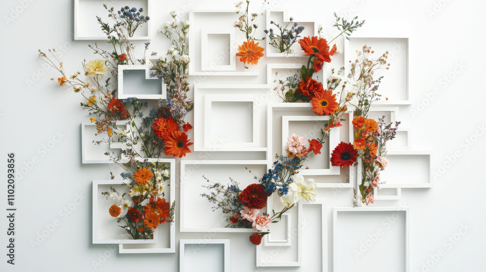 Poster create a bright memory collection layout with scattered florals in white detailed frames for a clean