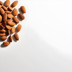 The image shows a scattered arrangement of almonds on a clean, white surface. The almonds are a warm brown color with a smooth, shiny exterior, and they vary slightly in size and orientation. The over