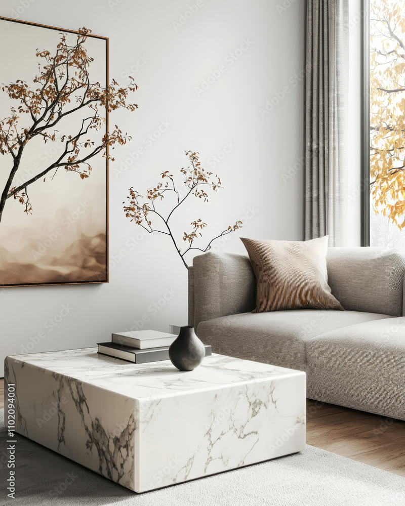 Poster showcasing minimal living room render art with marble accent tables in a modern studio environment
