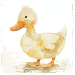 A cute, watercolor illustration of a yellow duckling with bright orange beak and feet, perfect for children's art or nature themes.