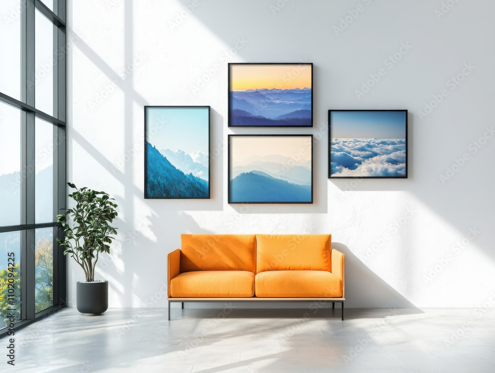 Poster creating a minimalist wall art display featuring black frame series natural elements cloud couch in 