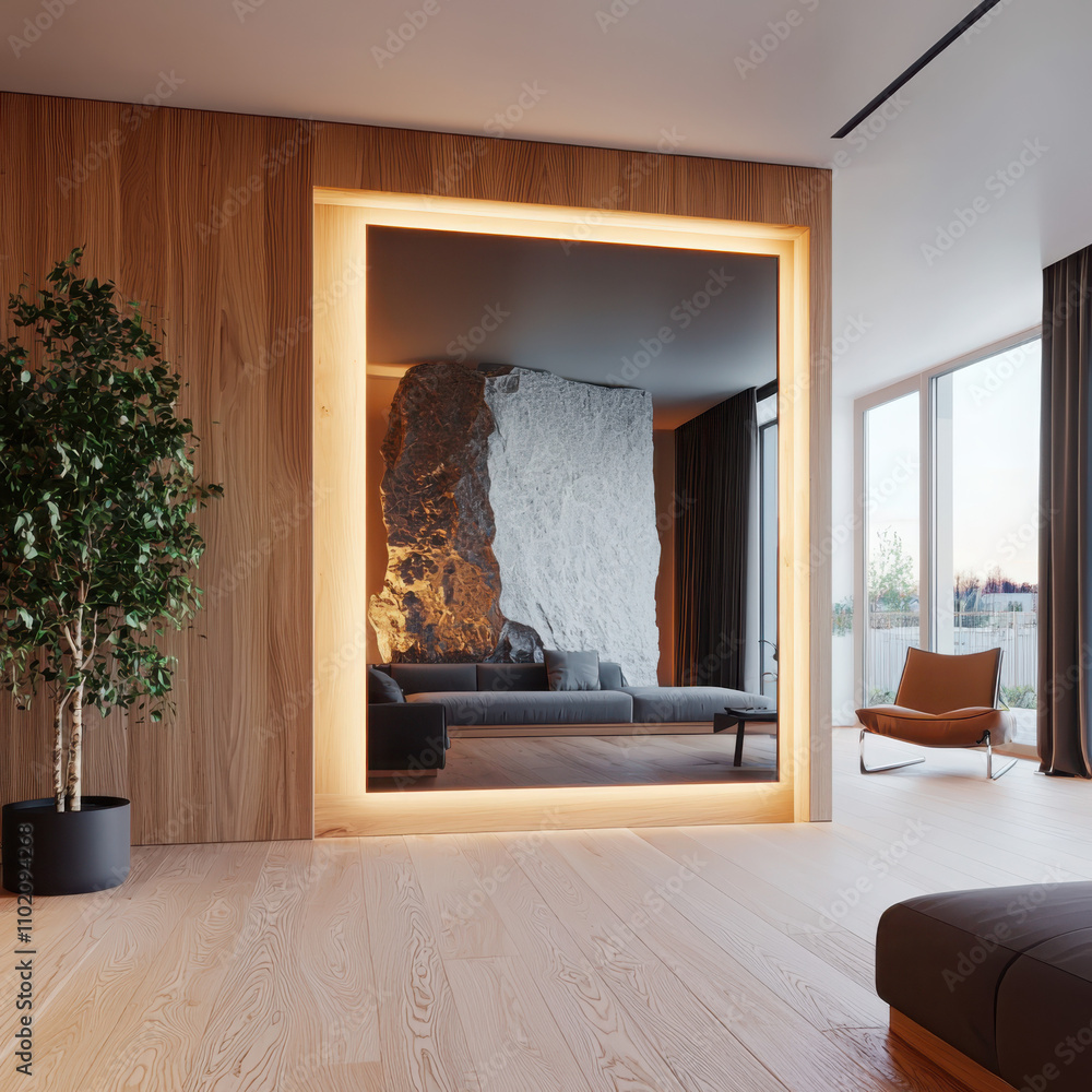 Poster create a minimalist apartment scene with statement lighting and an empty wall frame in a natural env