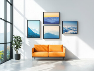 Creating a minimalist wall art display featuring black frame series natural elements cloud couch in a bright living room environment